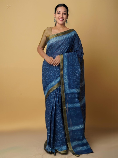 

Unnati Silks Navy Blue & White Paisley Pure Cotton Venkatgiri Saree