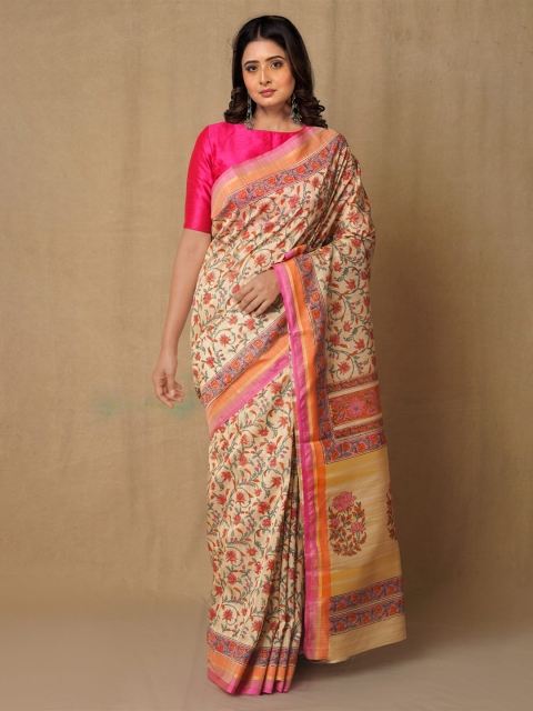 

Unnati Silks Women Brown Floral Print Silk Blend Tussar Saree