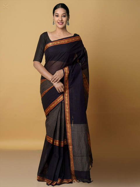 

Unnati Silks Black & Red Woven Design Zari Pure Cotton Chettinad Saree