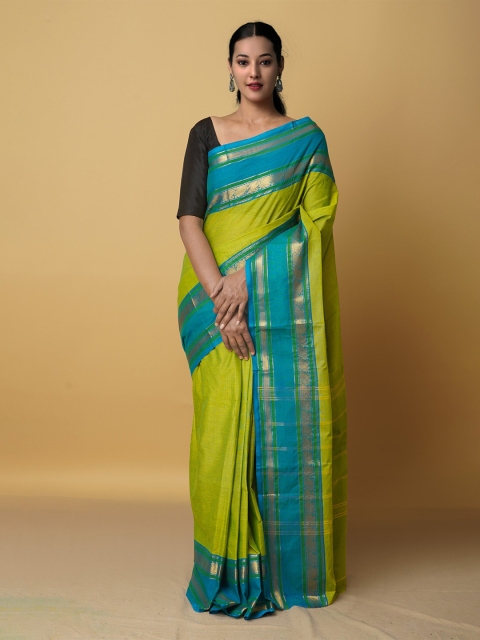 

Unnati Silks Green & Blue Woven Design Zari Pure Cotton Chettinad Saree