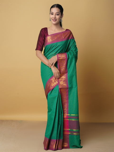 

Unnati Silks Women Green & Red Checked Zari Pure Cotton Venkatgiri Saree