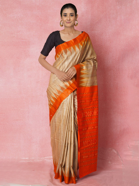 

Unnati Silks Cream-Coloured & Orange Woven Design Jute Cotton Jamdani Saree