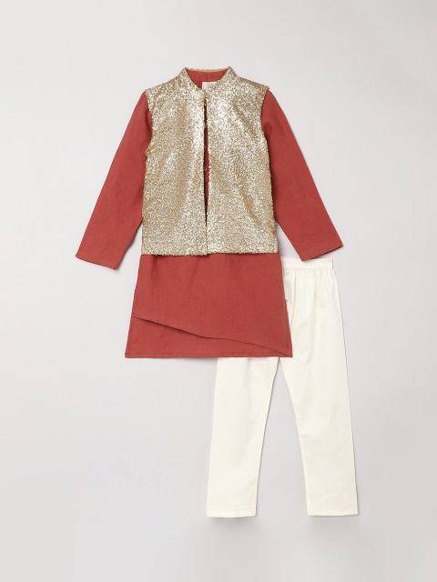 

BYB PREMIUM Boys Rust Linen Kurti with Pyjamas & Jacket