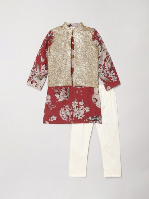 

BYB PREMIUM Boys Rust Ethnic Motifs Printed Linen Kurti with Pyjamas & Jacket