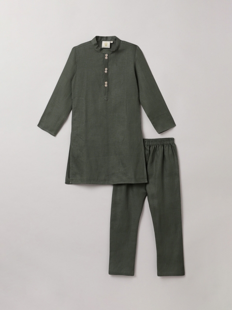 

BYB PREMIUM Boys Olive Green Linen Kurta with Pyjama