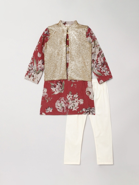 

BYB PREMIUM Boys Rust Red Ethnic Motifs Printed Linen Kurta with Pyjamas