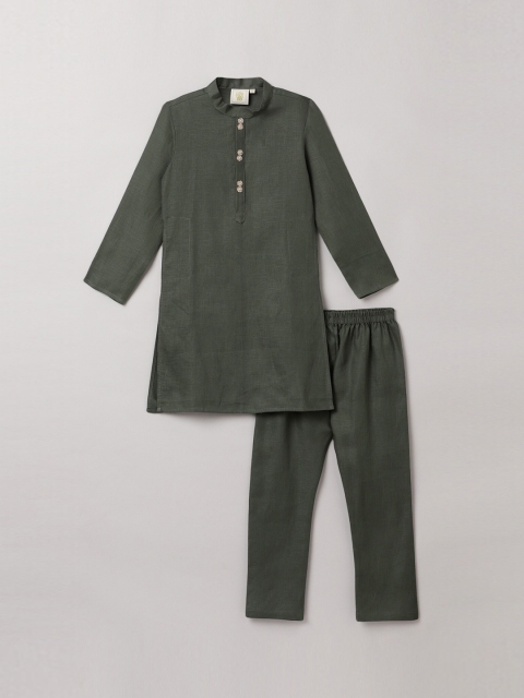 

BYB PREMIUM Boys Olive Green Linen Kurta with Pyjamas