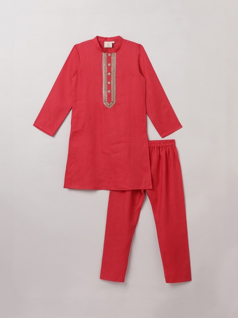 

BYB PREMIUM Boys Red Linen Kurta with Pyjamas