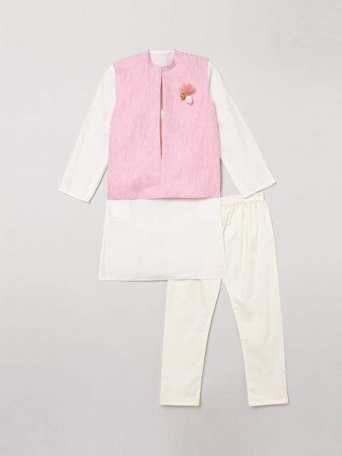 

BYB PREMIUM Boys White Linen Kurta & Pyjamas With Nehru Jacket