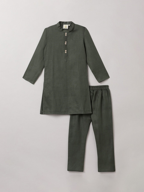 

BYB PREMIUM Boys Olive Green Linen Kurta with Pyjamas