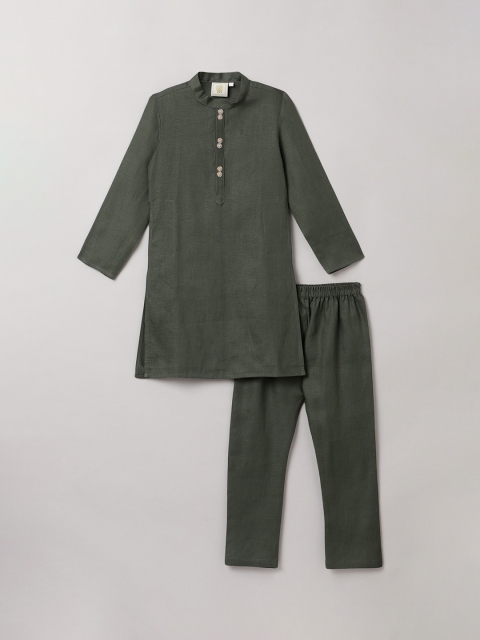 

BYB PREMIUM Boys Olive Green Linen Kurta with Pyjamas