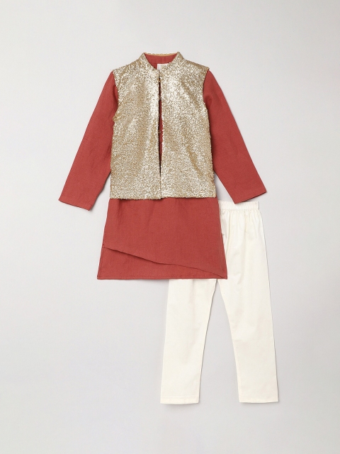 

BYB PREMIUM Boys Rust Linen Kurta with Churidar and Jacket