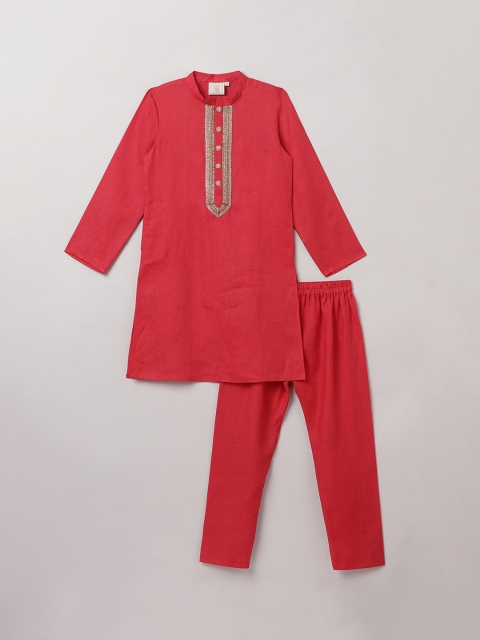 

BYB PREMIUM Boys Red Linen Kurta with Pyjamas