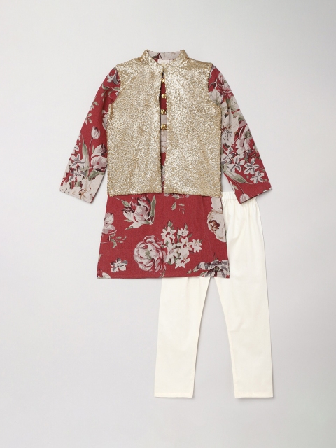 

BYB PREMIUM Boys Rust Red Floral Printed Linen Kurta with Pyjamas