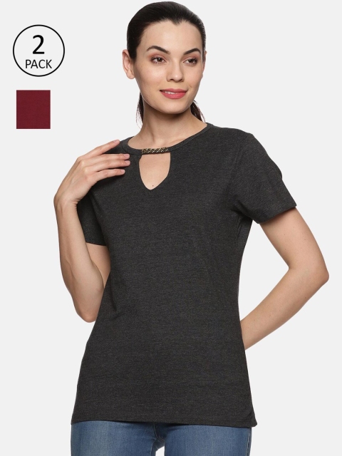 

NOT YET by us Women Pack Of 2 Charcoal & Maroon Solid T-shirt