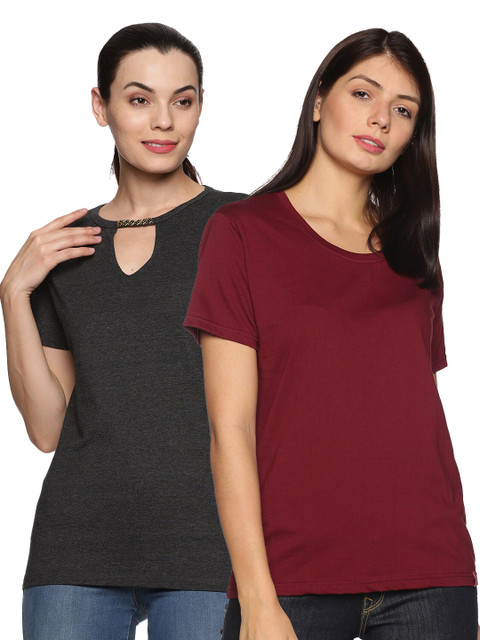 

NOT YET by us Women Charcoal & Maroon Set Of 2 T-shirt