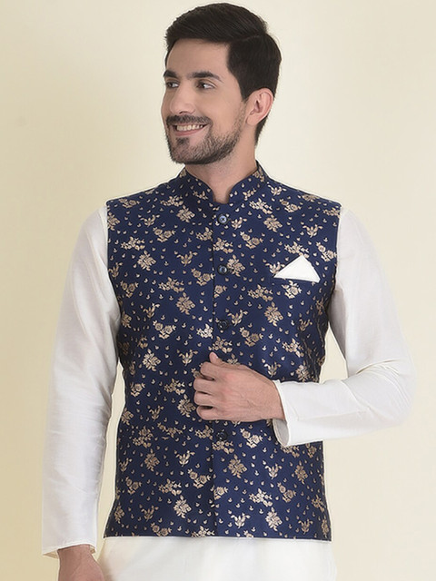 

DEYANN Men Navy Blue Woven Design Nehru Jackets