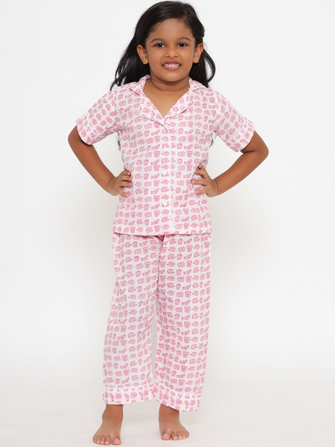 

Readiprint Fashions Girls White & Pink Printed Cotton Night suit