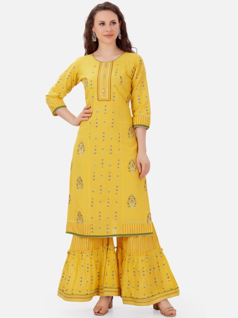 

Kiana Women Yellow Ethnic Motifs Printed Pure Cotton Kurta with Sharara