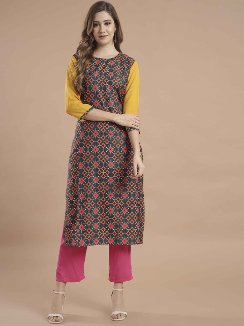 

KALINI Women Yellow & Blue Geometric Printed Crepe Kurta