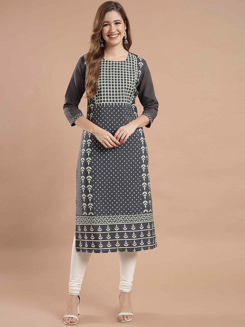 

KALINI Women Grey Geometric Checked Crepe Kurta