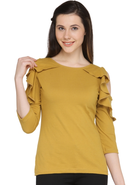 

plusS Women Mustard Yellow Cold Shoulder Top