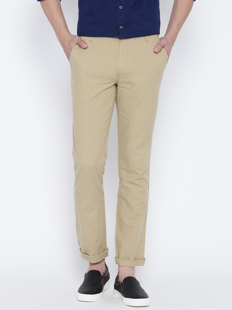 

John Players Men Beige Slim Fit Solid Trousers