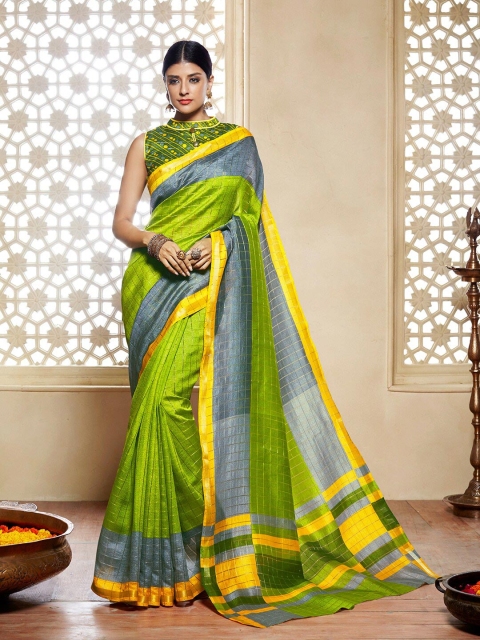 

Shaily Green & Gold-Toned Checked Zari Silk Cotton Saree