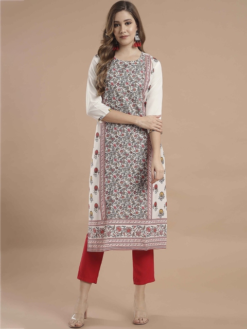

KALINI Women White & Red Floral Printed Crepe Straight Kurta