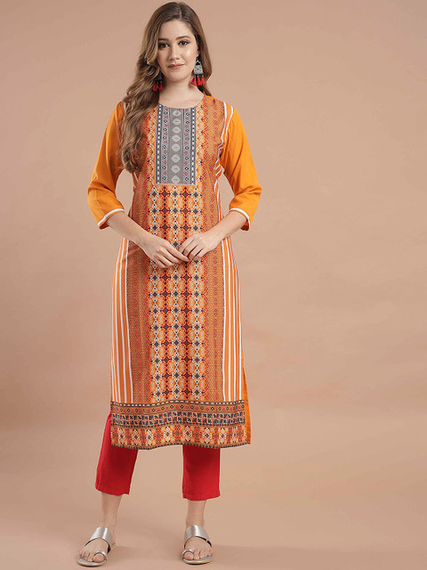 

KALINI Women Orange & Black Tribal Striped Crepe Kurta