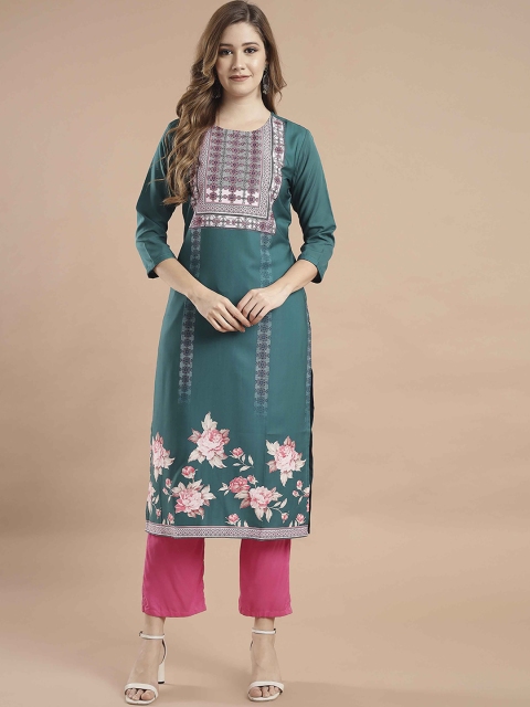 

KALINI Women Green Floral Yoke Design Crepe Kurta