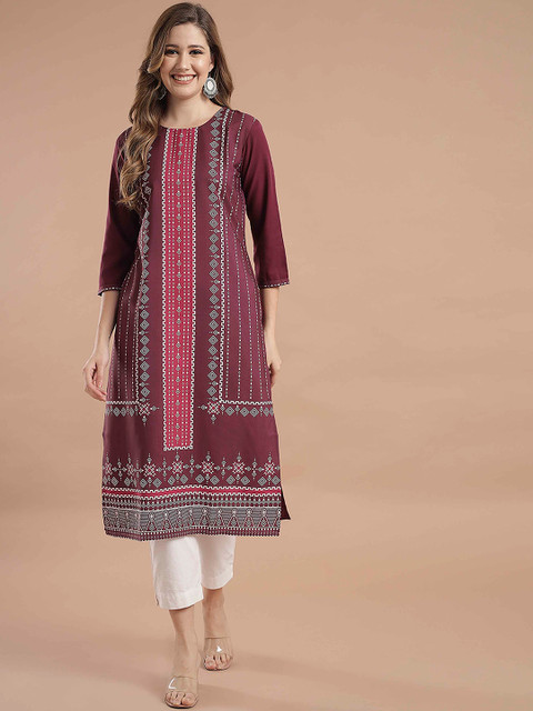 

KALINI Women Maroon Geometric Thread Work Crepe Kurta
