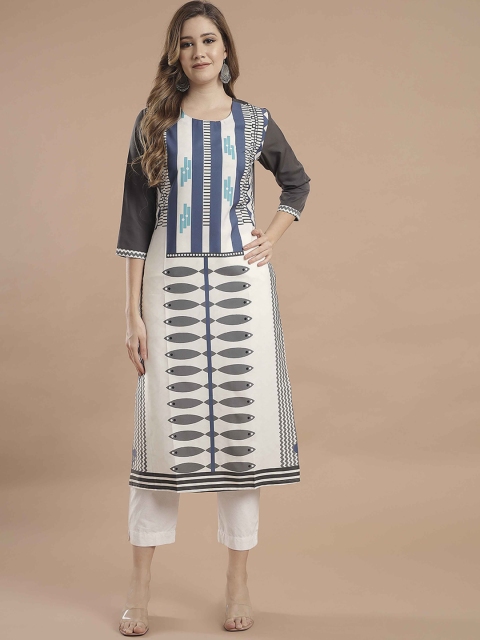 

KALINI Women Grey Striped Extended Sleeves Thread Work Crepe Kurta