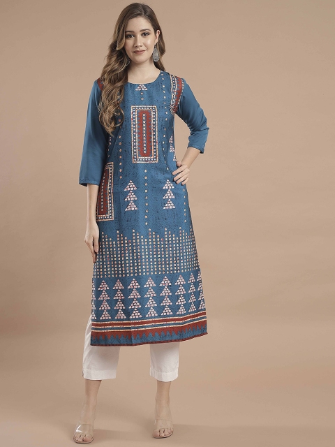 

KALINI Women Blue Cold-Shoulder Sleeves Mirror Work Crepe Kurta