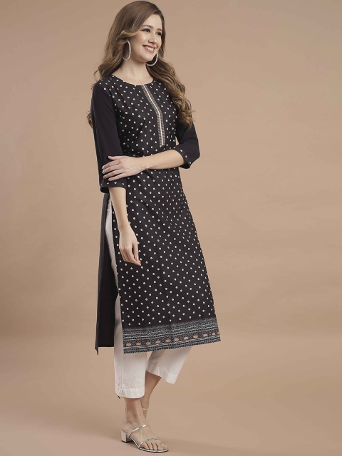 

KALINI Women Black Geometric Yoke Design Flared Sleeves Mirror Work Crepe Anarkali Kurta