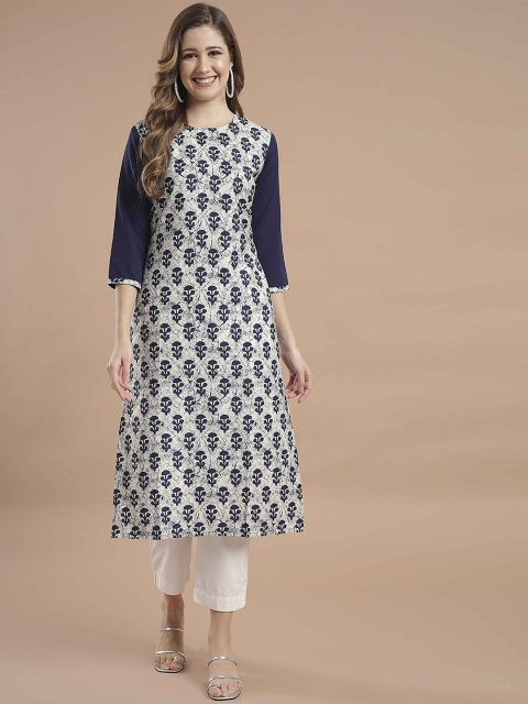 

KALINI Women Navy Blue & Grey Floral Printed Crepe Kurta