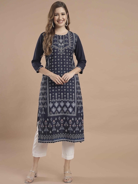 

KALINI Women Navy Blue & White Ethnic Motifs Crepe Kurta