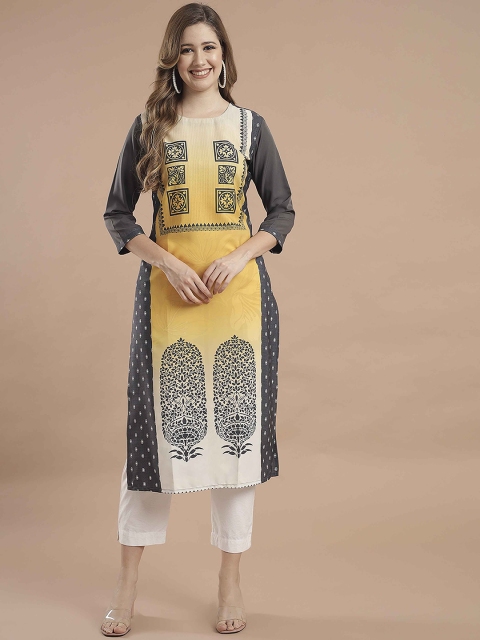 

KALINI Women Grey & Yellow Floral Printed Crepe Kurta