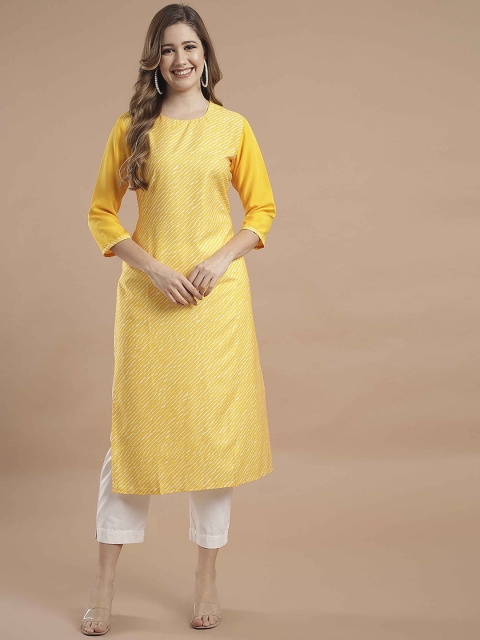 

KALINI Women Yellow Geometric Yoke Design Crepe Kurta