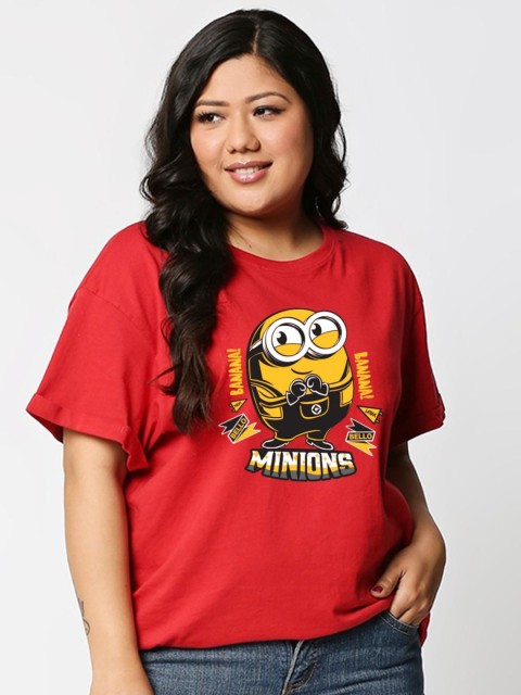 

Bewakoof Plus Women Red & Yellow Minions Printed Pure Cotton T-shirt