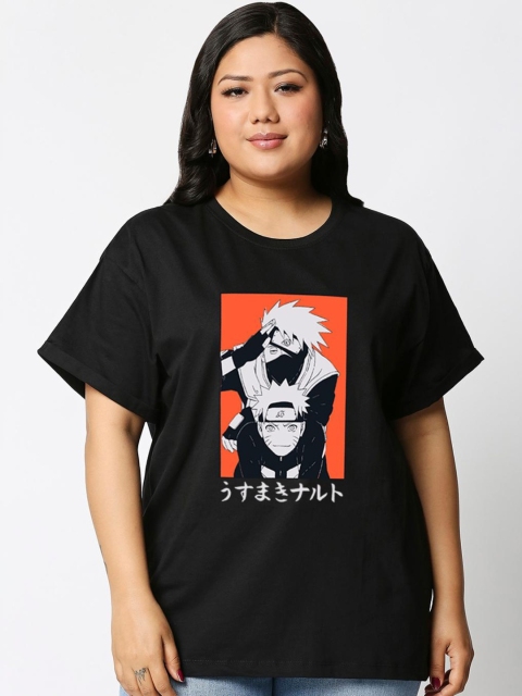 

Bewakoof Plus Women Black Printed Pure Cotton T-shirt