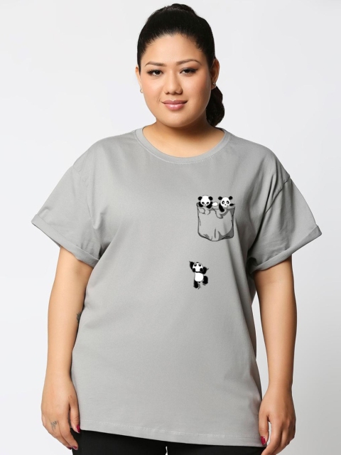 

Bewakoof Plus Women Grey Extended Sleeves Pure Cotton Slim Fit T-shirt