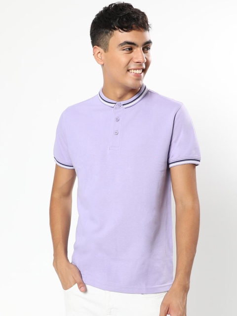 

Bewakoof Men Purple Striped Mandarin Collar Pure Cotton T-shirt