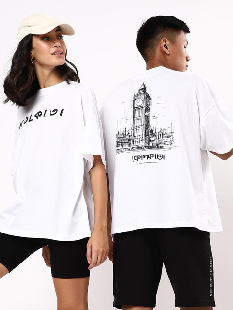 

Bewakoof Unisex White Typography Printed Drop-Shoulder Sleeves Monochrome Pure Cotton Loose T-shirt