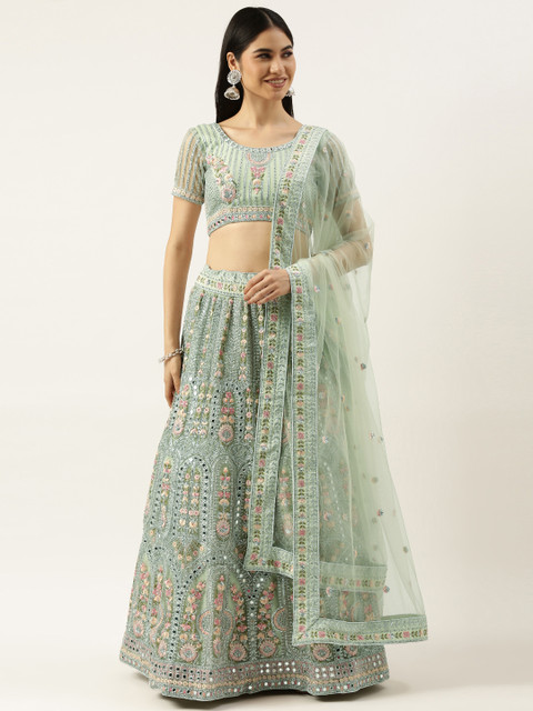 

panchhi Green Embroidered Mirror Work Semi-Stitched Lehenga Set