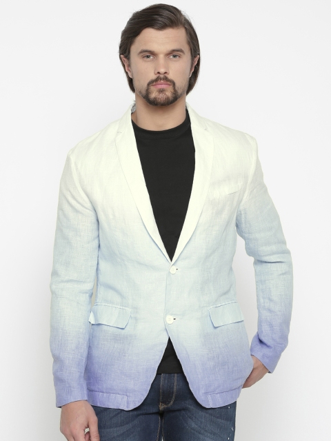 

Jack & Jones White & Blue Linen Ombre-Dyed Single-Breasted Linen Casual Blazer