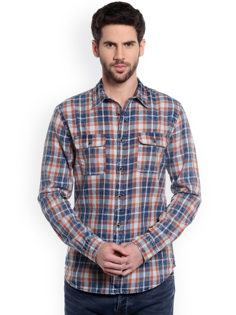 

Jack & Jones Men Blue & Orange Slim Fit Checked Casual Shirt