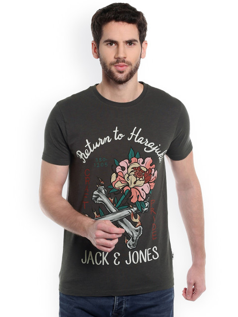 

Jack & Jones Men Charcoal Grey Printed Round Neck T-shirt