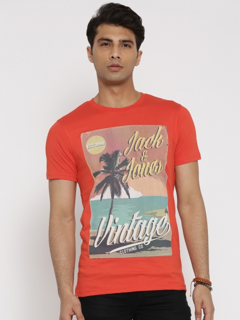 

Jack & Jones Men Orange Printed Round Neck T-shirt