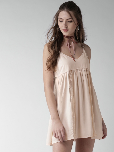 

FOREVER 21 Women Peach-Coloured Lace Detail A-Line Dress